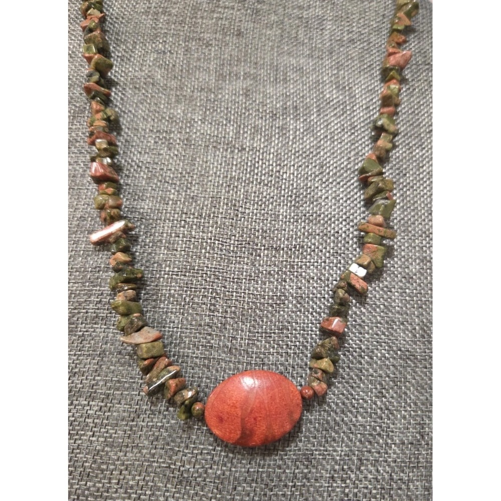 Unakite And Red Jasper Pendant natural stone necklace 22" Vintage